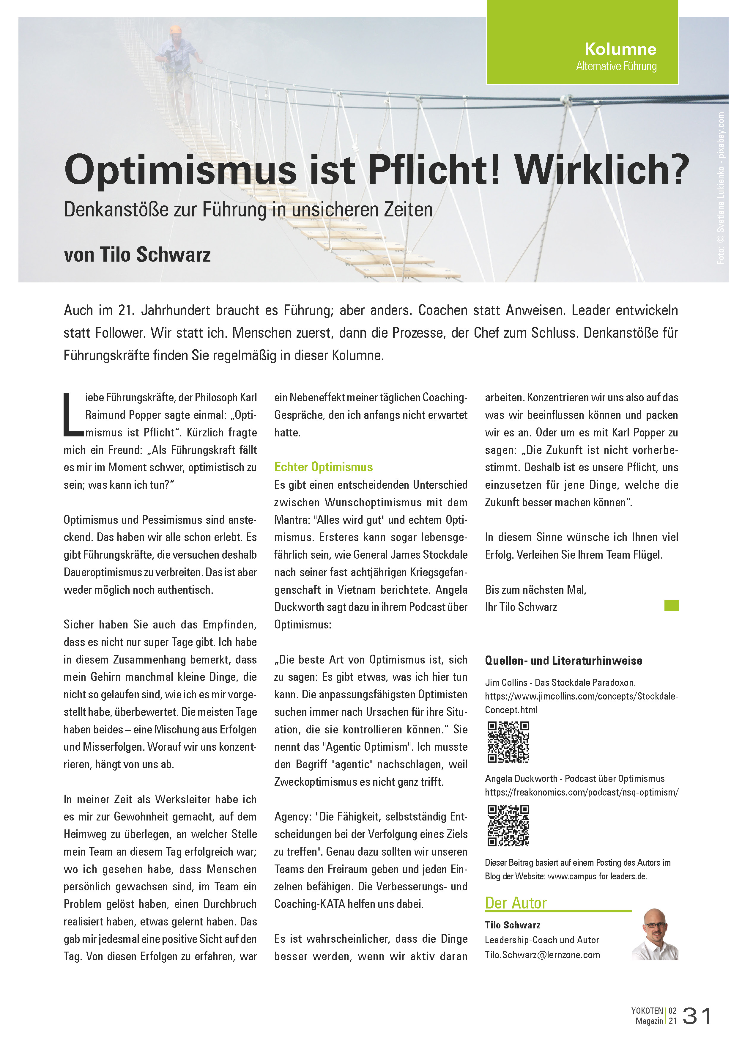 Optimismus ist Pflicht! Wirklich? - Artikel aus Fachmagazin YOKOTEN 2021-02